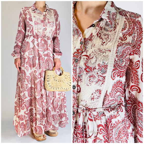 Women's ANTROPOLOGY Allaire Maxi Shirtdress Flowy Dress Brown Red & White